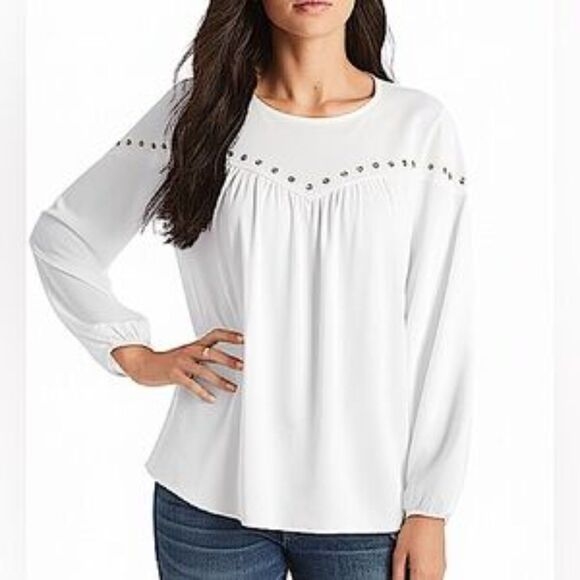 NWT Michael Kors White Crepe Long Sleeve Gold Eyelet Trim Blouse Size Small - Picture 1 of 7